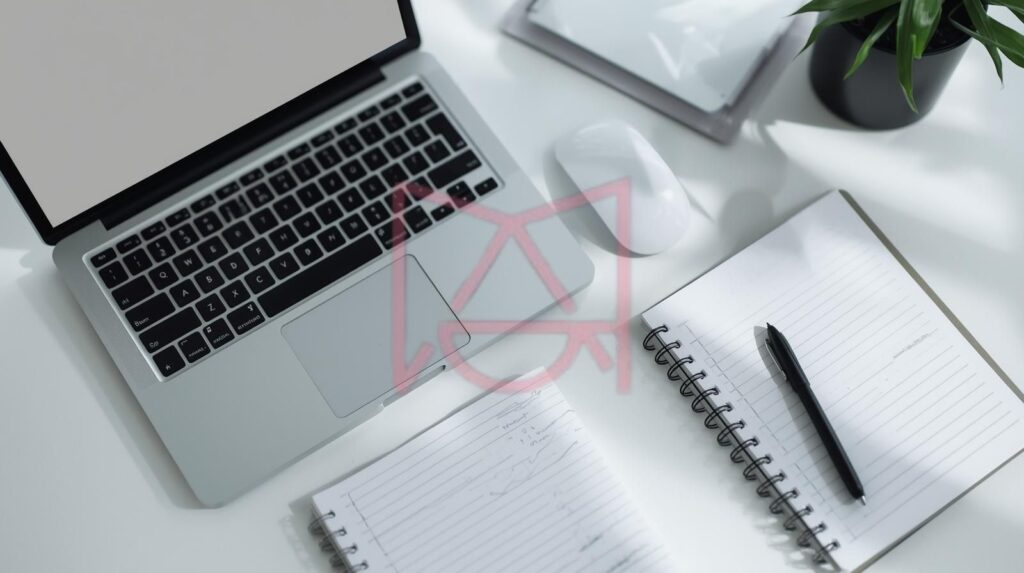 تصویر یک میز کار با لپ‌تاپ، دفترچه یادداشت و چک‌لیست